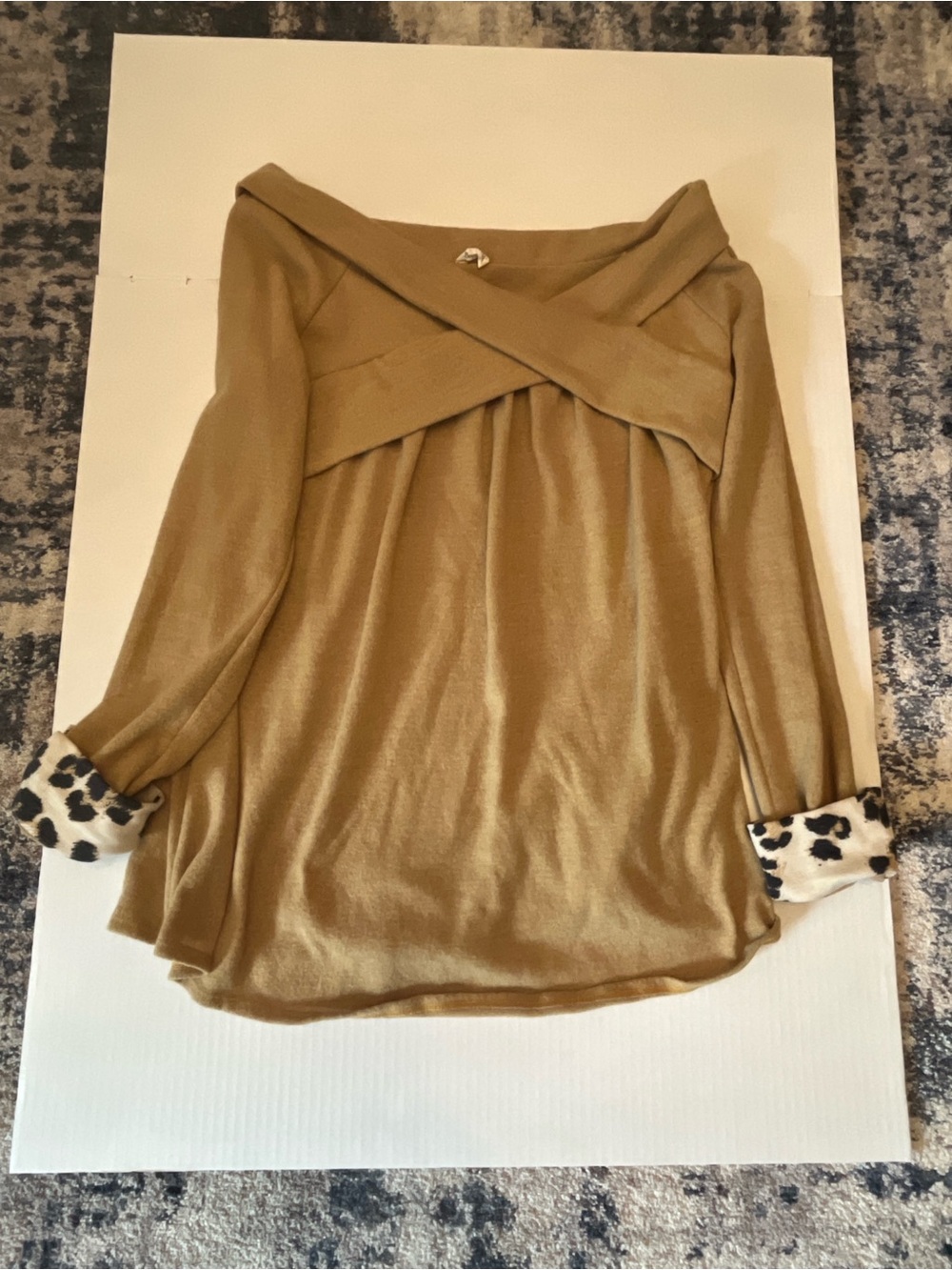 Beeson River Camel Off-Shoulder Long Sleeve Top with Leopard Cuffs